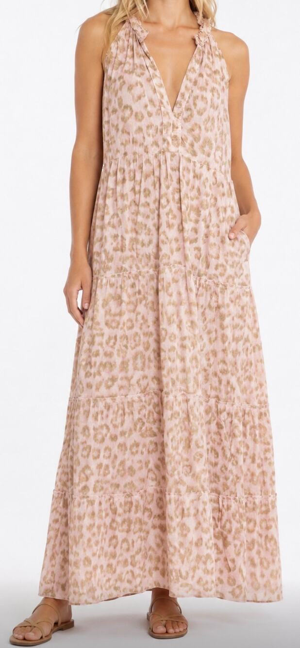 Lola Australia Maxi Dress Cotton Pink Leopard Print Halter Sleeveless size Small